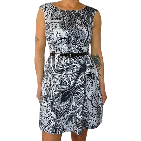 INC Belted Black White Paisley Midi Dress Size 8 Petite Sleeveless - Picture 4 of 4